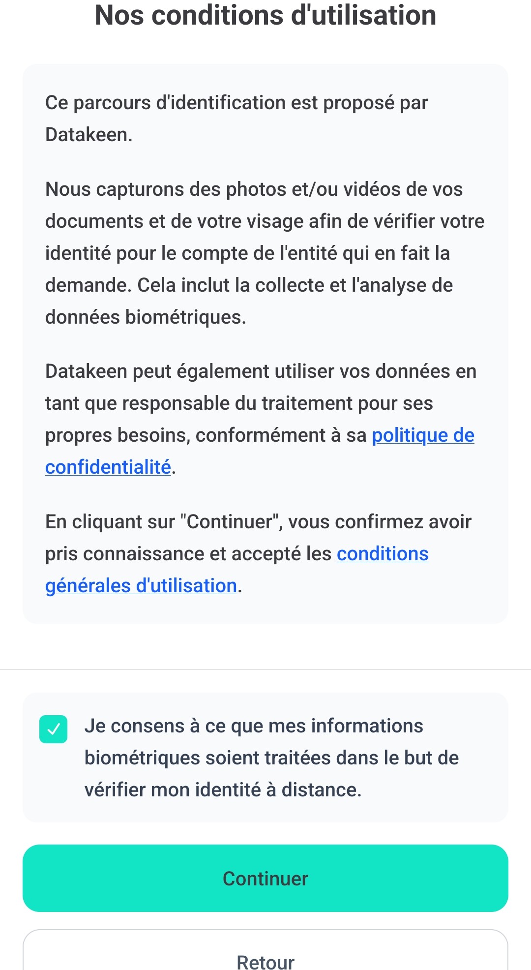Écran mobile des conditions d'utilisation, case de consentement cochée et bouton Continuer actif
