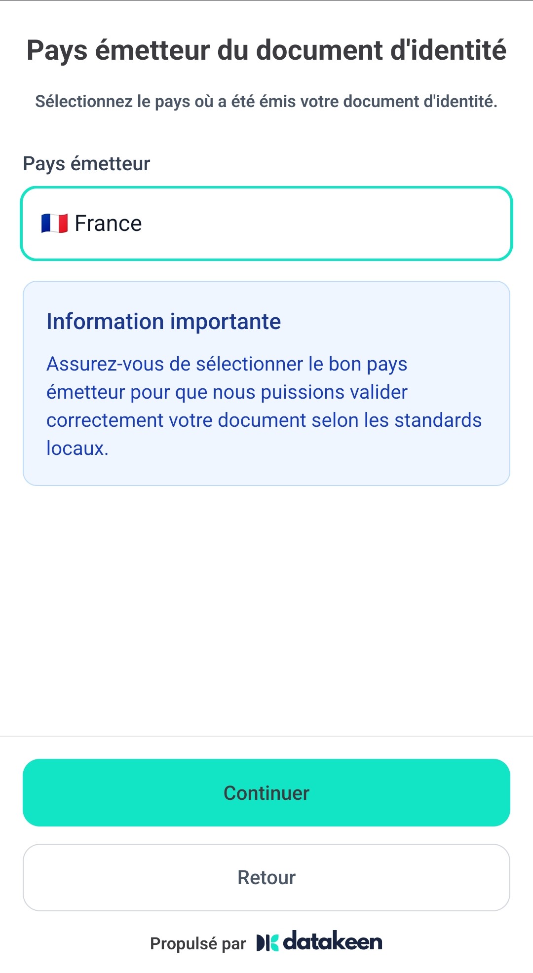 Écran mobile Pays émetteur avec France sélectionné et bouton Continuer actif