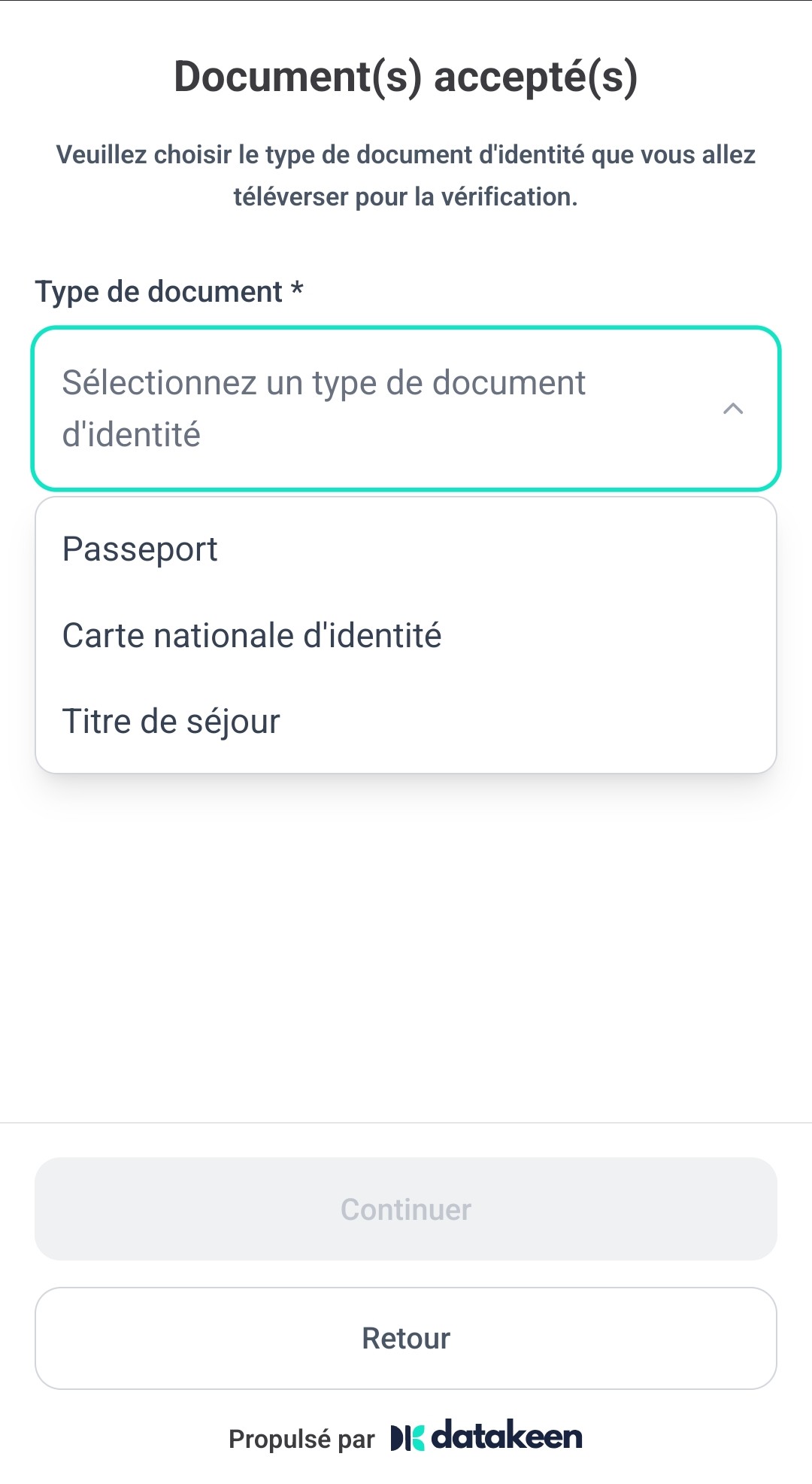 Écran mobile Type de document, liste déroulante ouverte (passeport, carte nationale d'identité, titre de séjour)