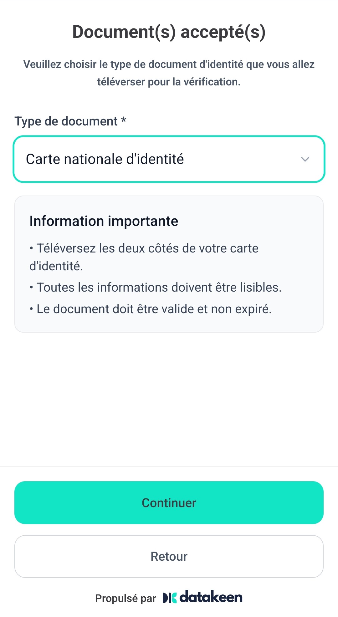 Écran mobile Type de document avec Carte nationale d'identité sélectionnée et consignes affichées