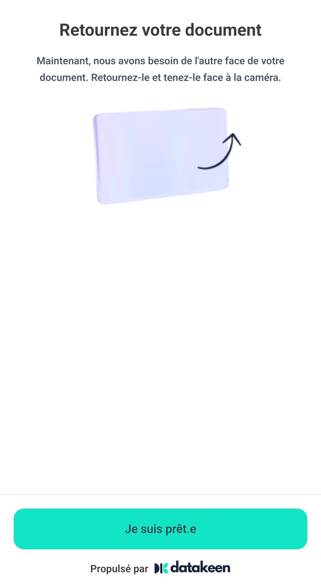 Écran mobile « Retournez votre document » avec une illustration de carte qui se retourne et le bouton Je suis prêt·e