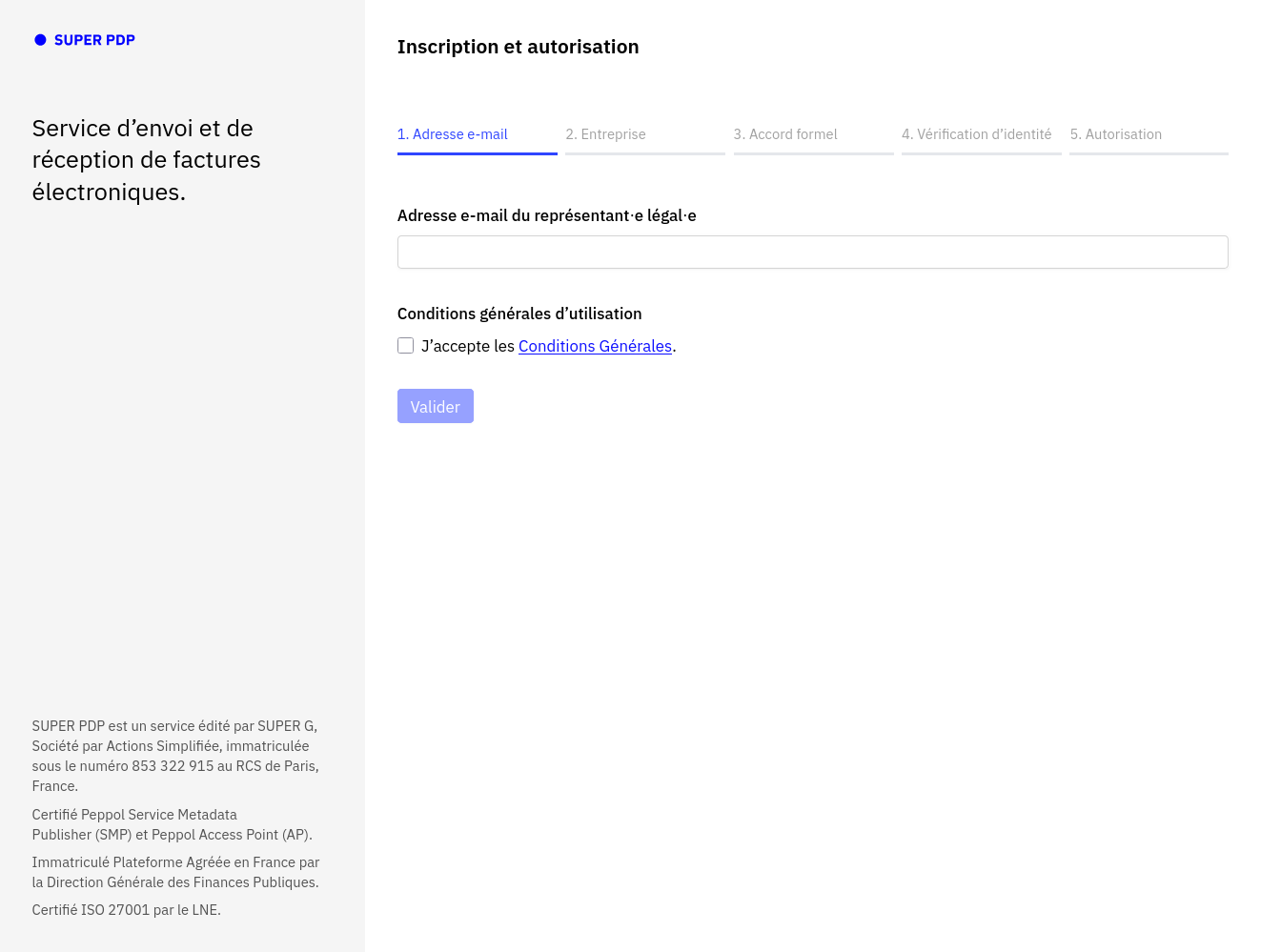 Onglet Adresse e-mail de SuperPDP : champ e-mail vide et case d'acceptation des Conditions Générales non cochée