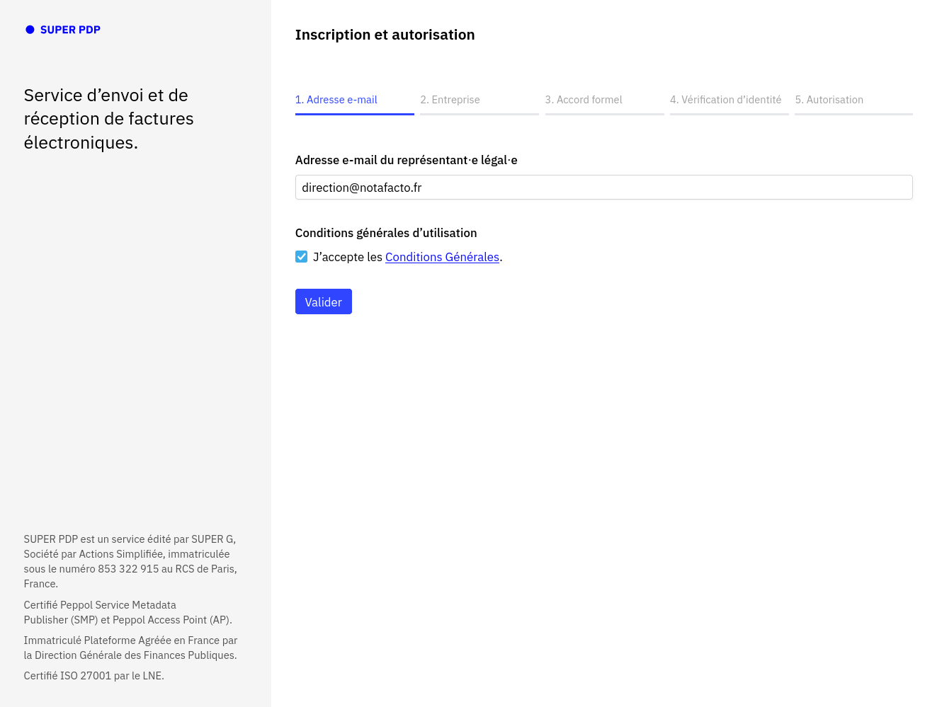 Onglet Adresse e-mail avec l'e-mail saisi, les Conditions Générales acceptées et le bouton Valider actif