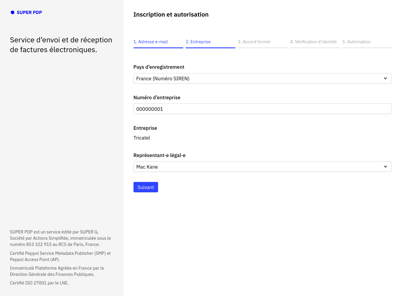 Onglet Entreprise de SuperPDP : pays France (Numéro SIREN), numéro d'entreprise saisi, nom de l'entreprise affiché et représentant légal sélectionné