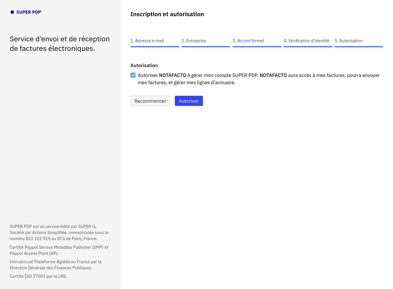 Onglet Autorisation avec la case d'autorisation cochée et le bouton Autoriser actif